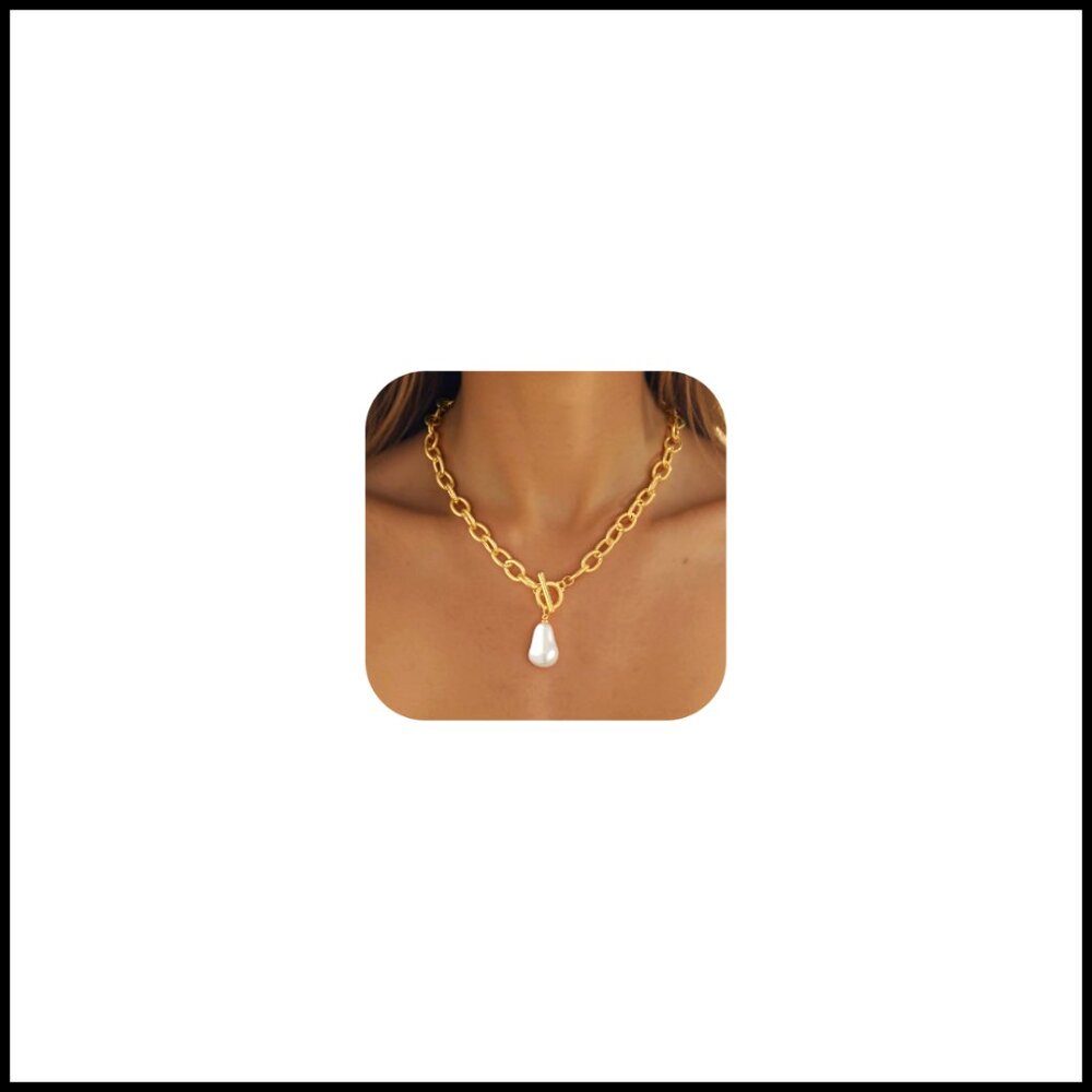 Chunky Pearl Statement Necklace 14K Gold Plated Vintage Y2K Chic Pendant Jewelry